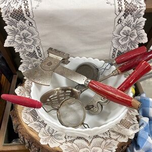 Vintage Kitchen Utensil Set with Red Handles